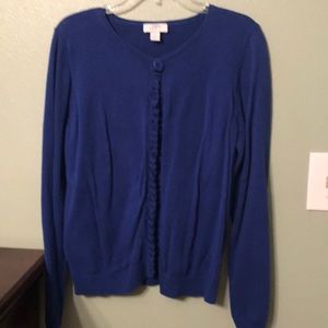 Navy Blue Loft Front Button Sweater w/ Ruffle Sz L
